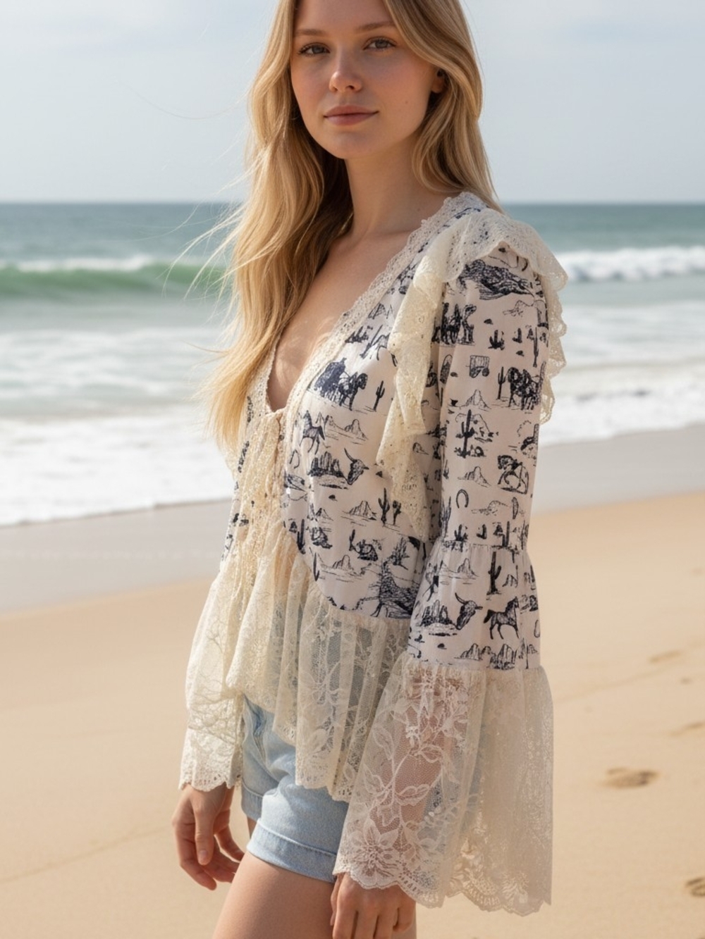 Origami Ivory Scenic Print Lace-Trim V-Neck Cardigan